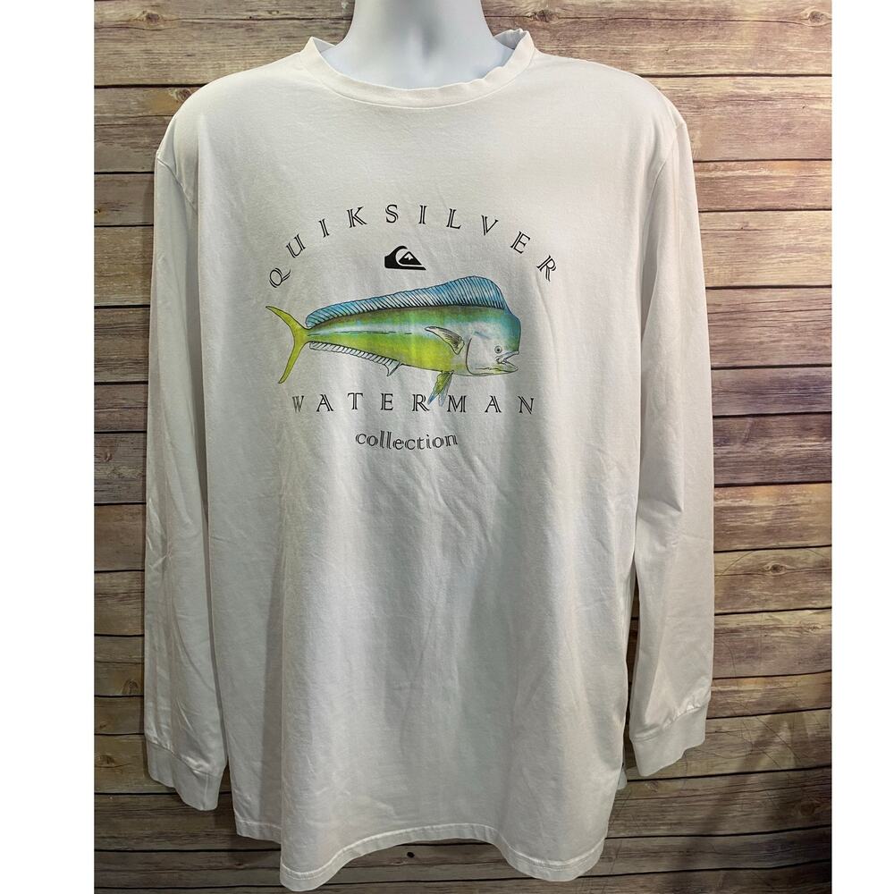 Quiksilver Waterman Shirt Size XL White Fish Graphic Long Sleeve STRECTH